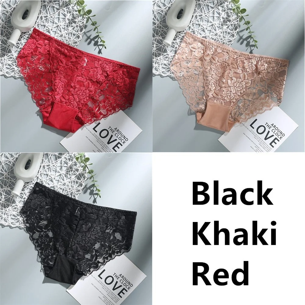 3Pcs Sexy Low Waist Women's Underwear Lace Plus Size Seamless Panties Breathable Lingerie Female Briefs Solid Hollow Underpants