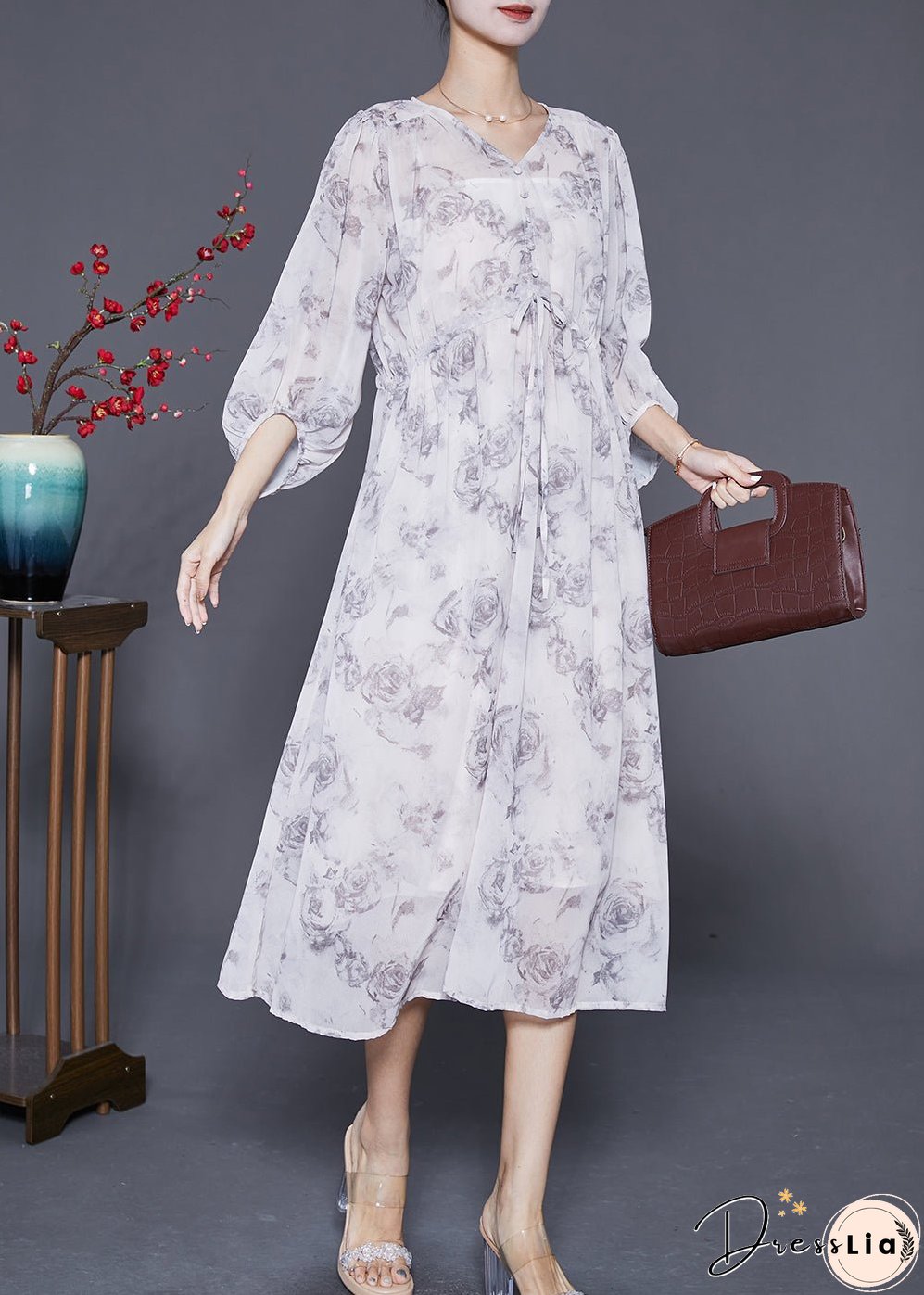 Women White Cinched Rose Print Chiffon Party Dress Summer