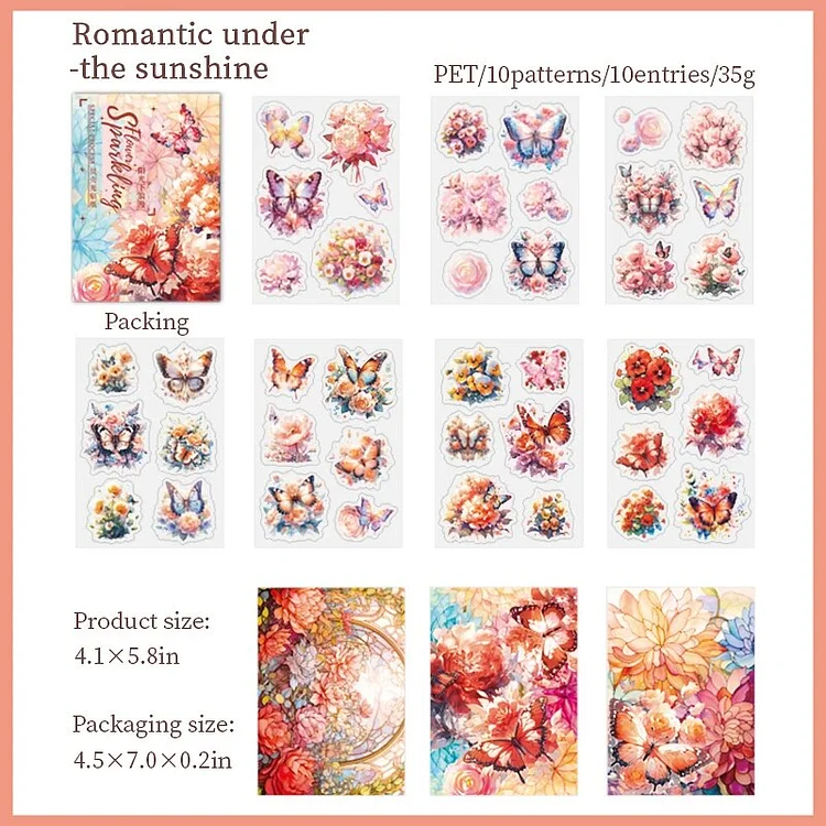 Journalsay 10 Sheets Sparkling Flowers Series Vintage Butterfly PET Sticker