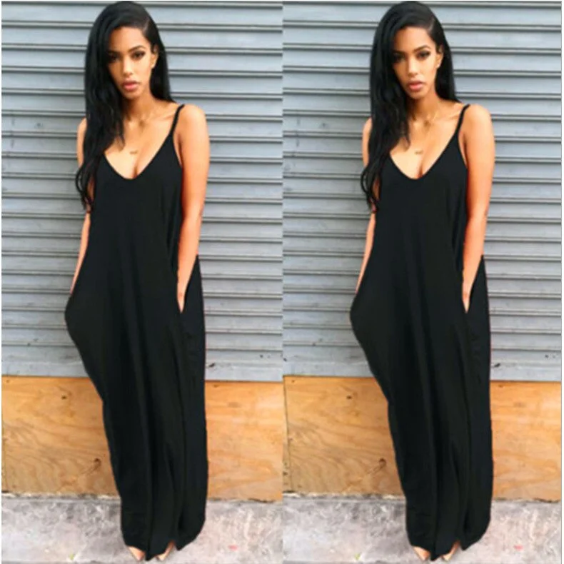 2021 Summer New Sexy Spaghetti Strap Backless Deep V Neck Women's Maxi Dress Fashion Casual Solid Pocket Ladies Dresses Vestidos