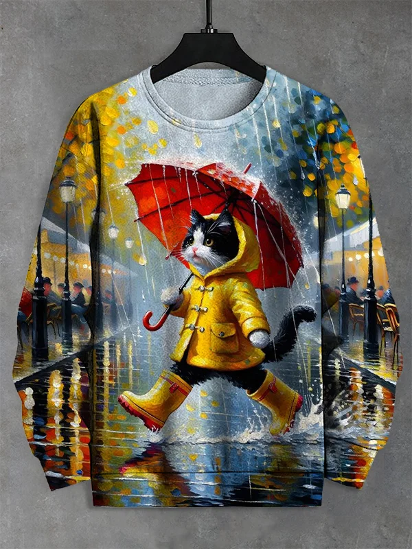 Men's Rainy Day Cat Art Print Casual Sweatshirt