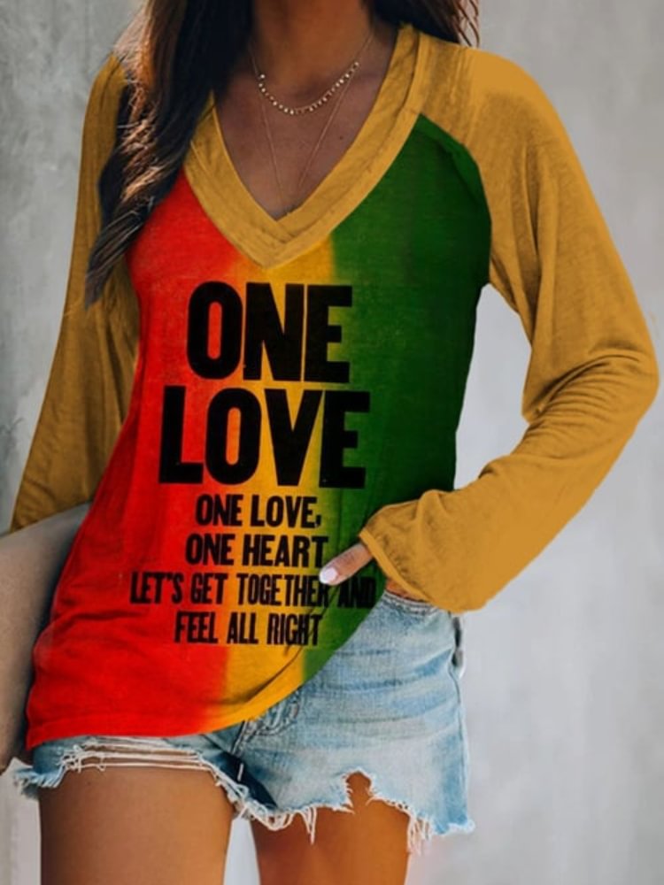 Vefave Colorblock One Love Print Casual V Neck T Shirt