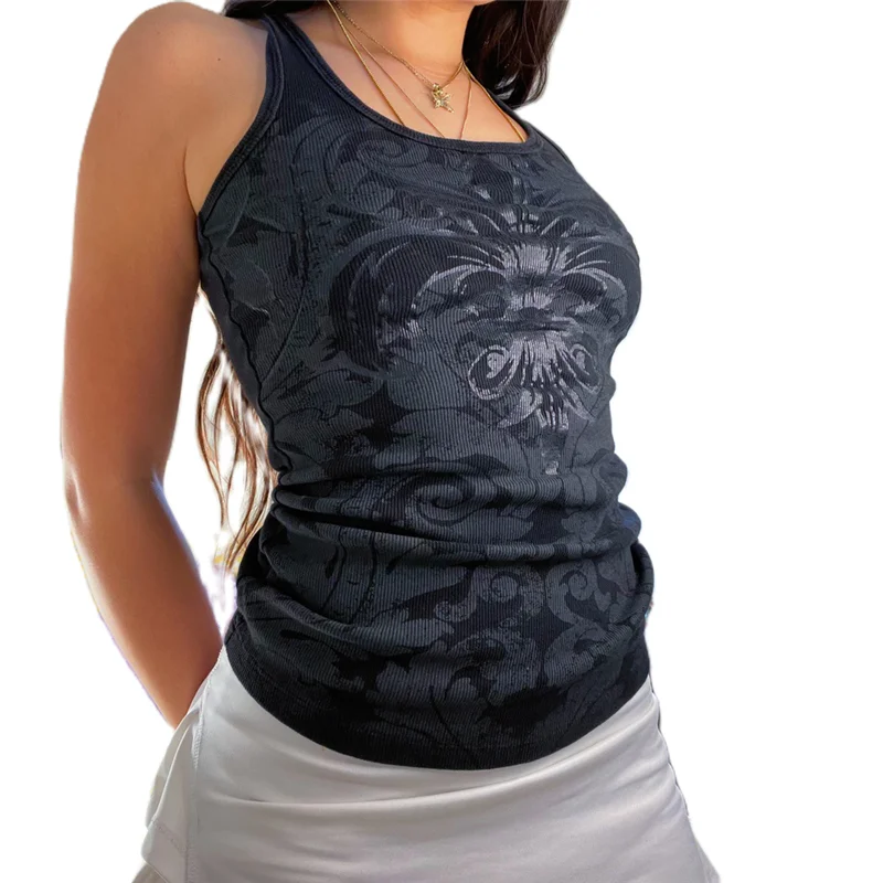 Graphic Print T Shirts Summer Sleeveless Round Neck Grunge Clothes Gothic Tee 2000s Aesthetic Knitted Tops Streetwear