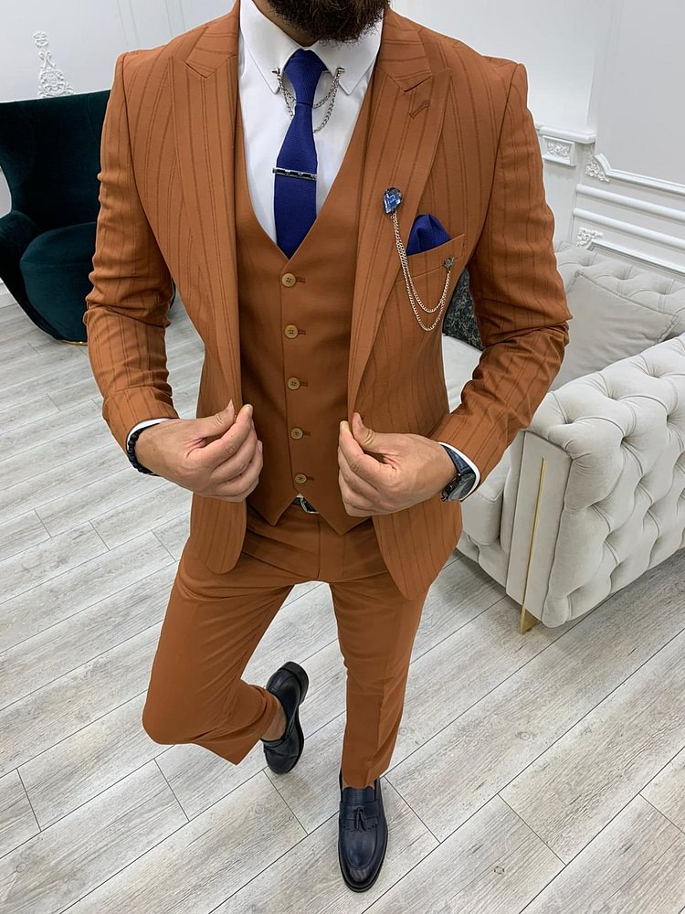 Lambrusco Tan Slim Fit Peak Lapel Striped Suit