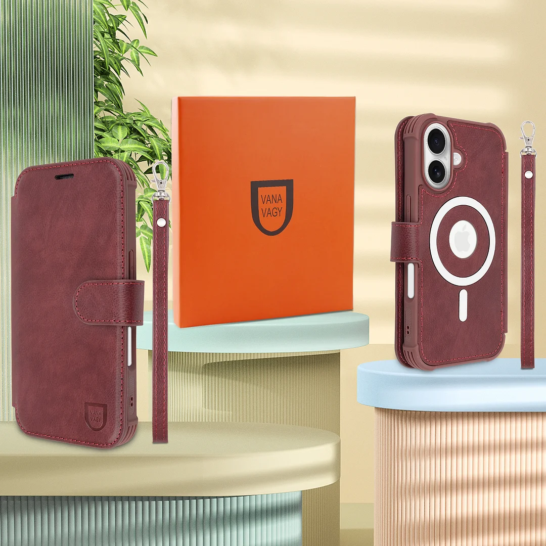 VANAVAGY Compatible for iPhone 16 Wallet Case for Magsafe Wireless Charging,Leather Flip Folio Wrist [Glass Screen Protectors & Camera Lens Protectors] with RFID Block Card Holder