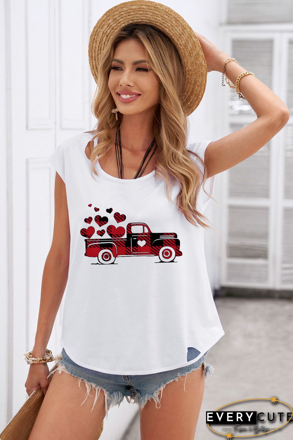 Valentine Buffalo Plaid Truck Print Cut out Tee