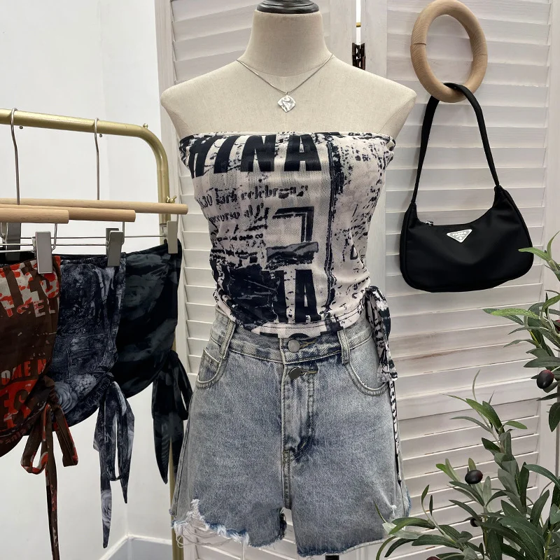 Brownm Explosion Recommended Y2k Hottie Braid Small Sling Belt With Chest Mat Tie Mesh Yarn Tidly Wrapped Bra T-Shirt 1391