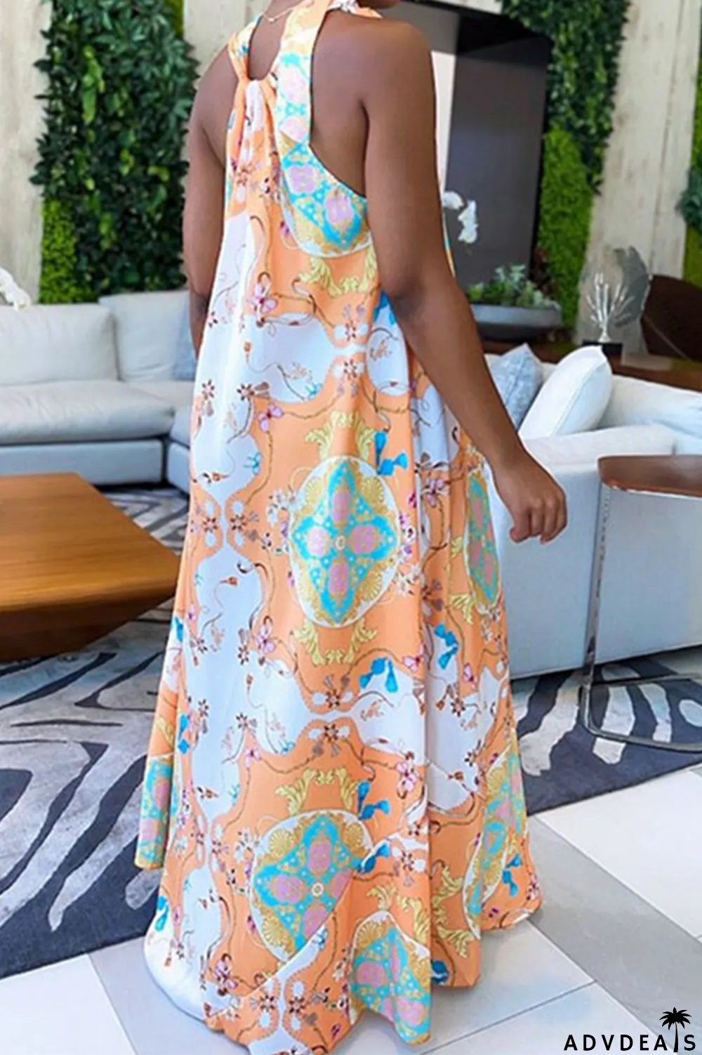 Tangerine Red Casual Print Patchwork Halter Straight Dresses