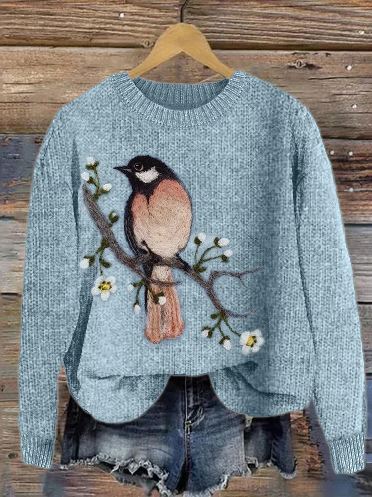 Comstylish Bird on Blooming Branch Felt Art Cozy Sweater
