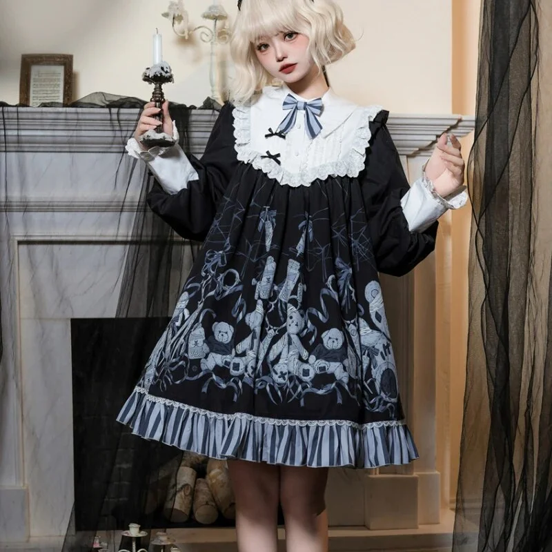 Pongl Gothic Lolita OP Dress Japanese Punk Style Bow Cartoon Bear Print Long Sleeve Princess Dress Halloween Cosplay Costume
