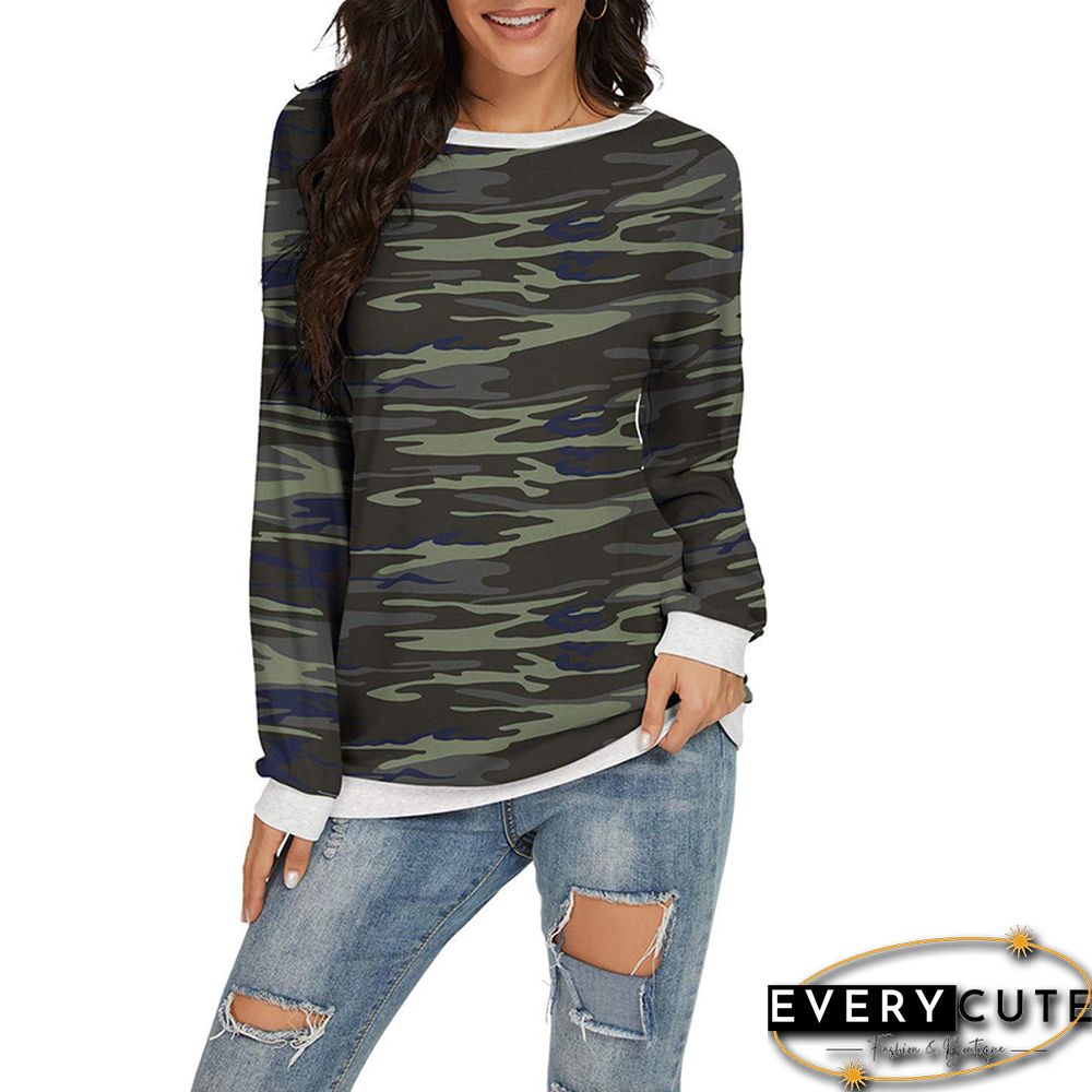 Army Green Camo Print Off Shoulder Long Sleeve Top