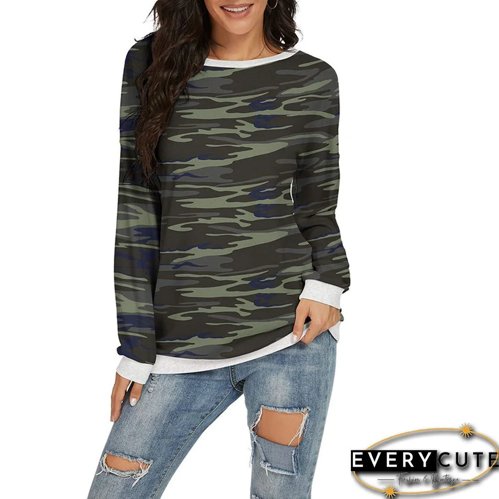 Army Green Camo Print Off Shoulder Long Sleeve Top