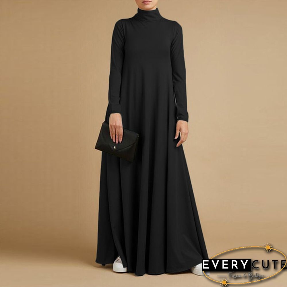 Women Autumn Elegant Plain Kaftan Long Shirt Dress Turtleneck Loose Full Sleeve Midi Dress Plus