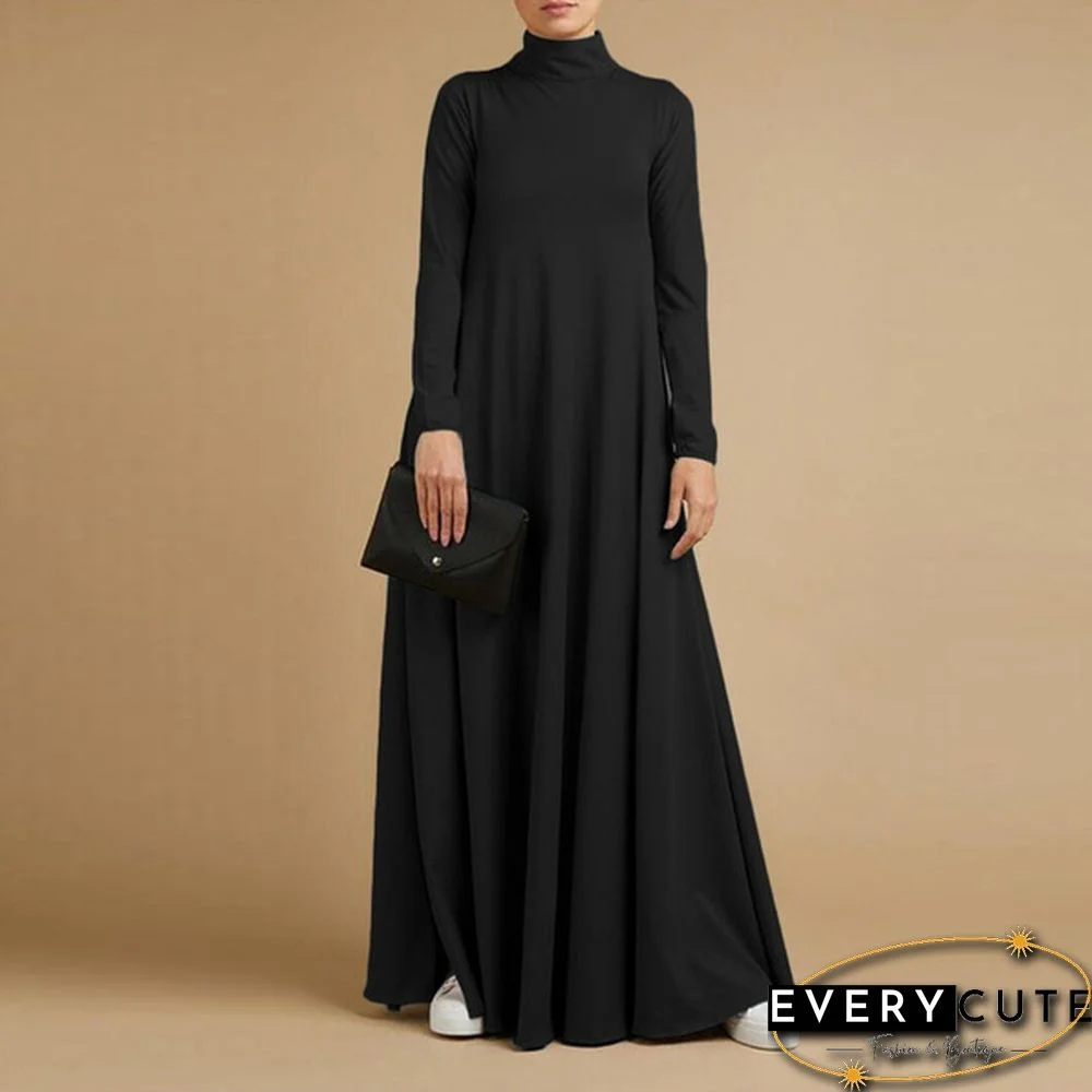 Women Autumn Elegant Plain Kaftan Long Shirt Dress Turtleneck Loose Full Sleeve Midi Dress Plus