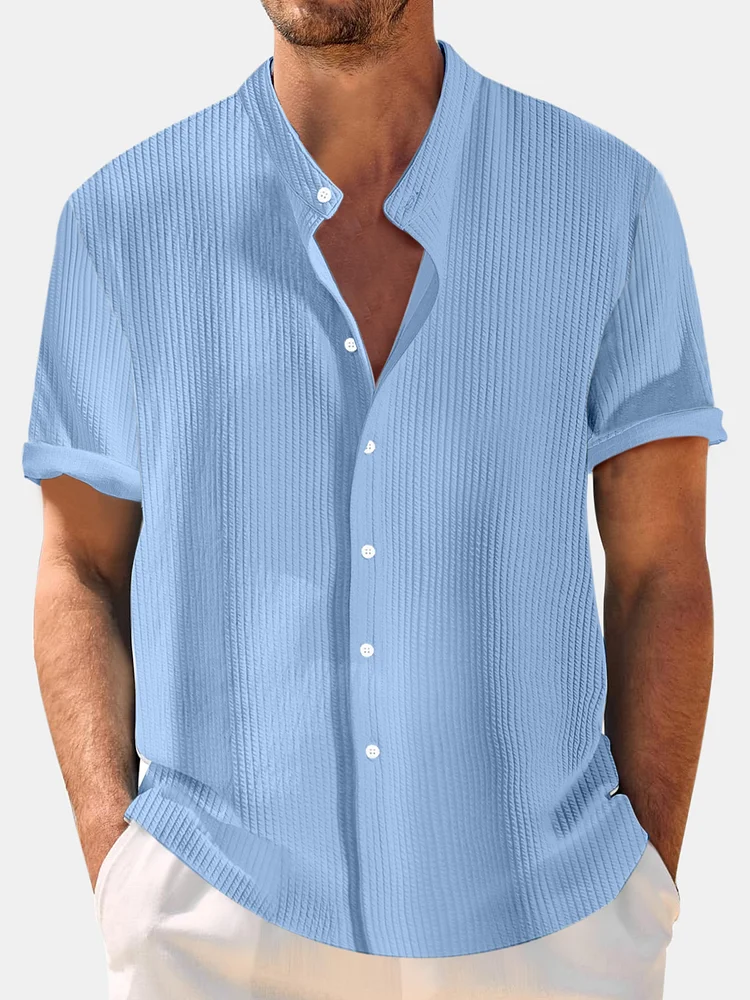 Men's Summer Solid Color Vertical Strip Comfortable Stand Collar Short-sleeved Shirt