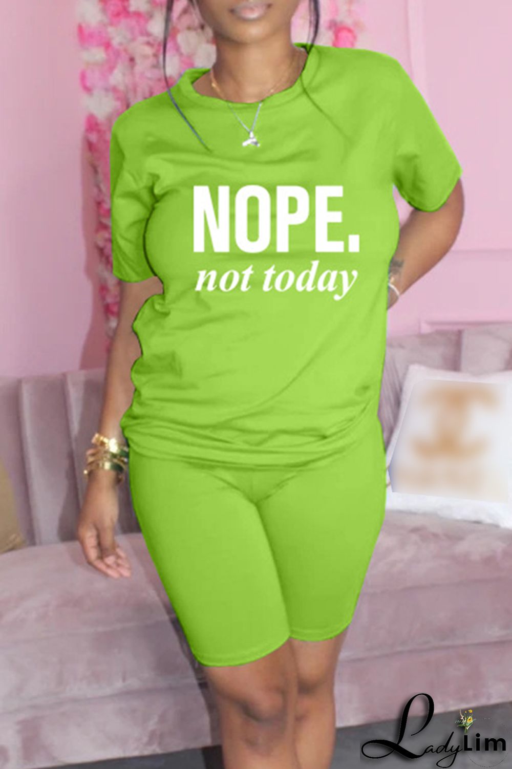 Blue Fashion Casual Letter Print Basic O Neck Short Sleeve Two Pieces