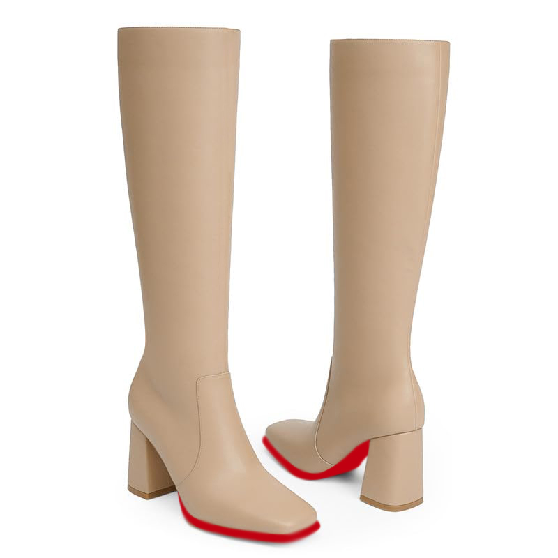 95mm Women's Knee Boots Red Bottom Block Chunky Heels Zipper Fashion Sexy Daily Matte Boot-MERUMOTE