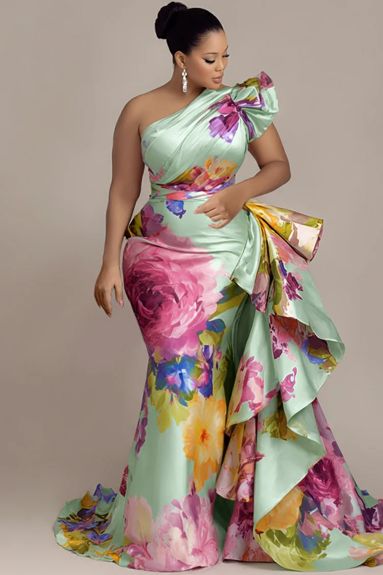 Xpluswear Design Plus Size Formal Pink Oblique Collar One Shoulder Ruffle Elegant Satin Maxi Dresses 2024 - Xpluswear