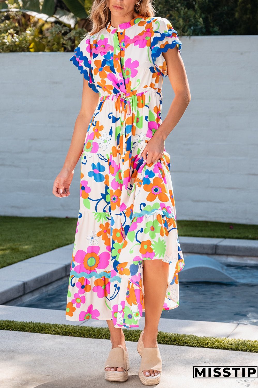 Ricrac Trim Flutter Floral Maxi Dress