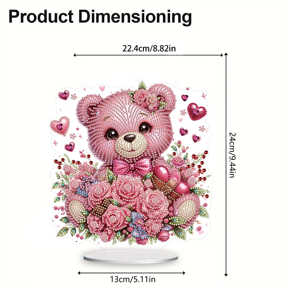 5D DIY Love Flower Bear Acrylic Single-Sided Diamond Painting Tabletop Ornament Kit for Office Desktop Decor