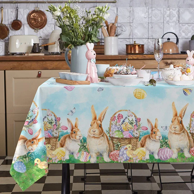 Easter Bunny Eggs Waterproof Rectangular Tablecloths Wedding Decoration Spring Flowers Dining Table Tablecloth for Kitchen Decor