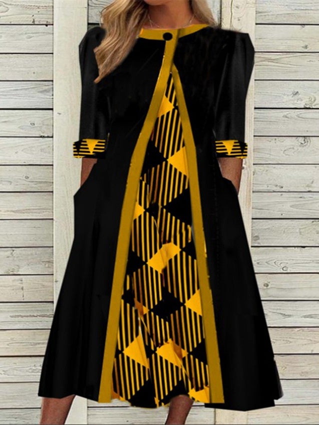 Women's Long Sleeve Scoop Neck Plaid Printed Maxi Dress