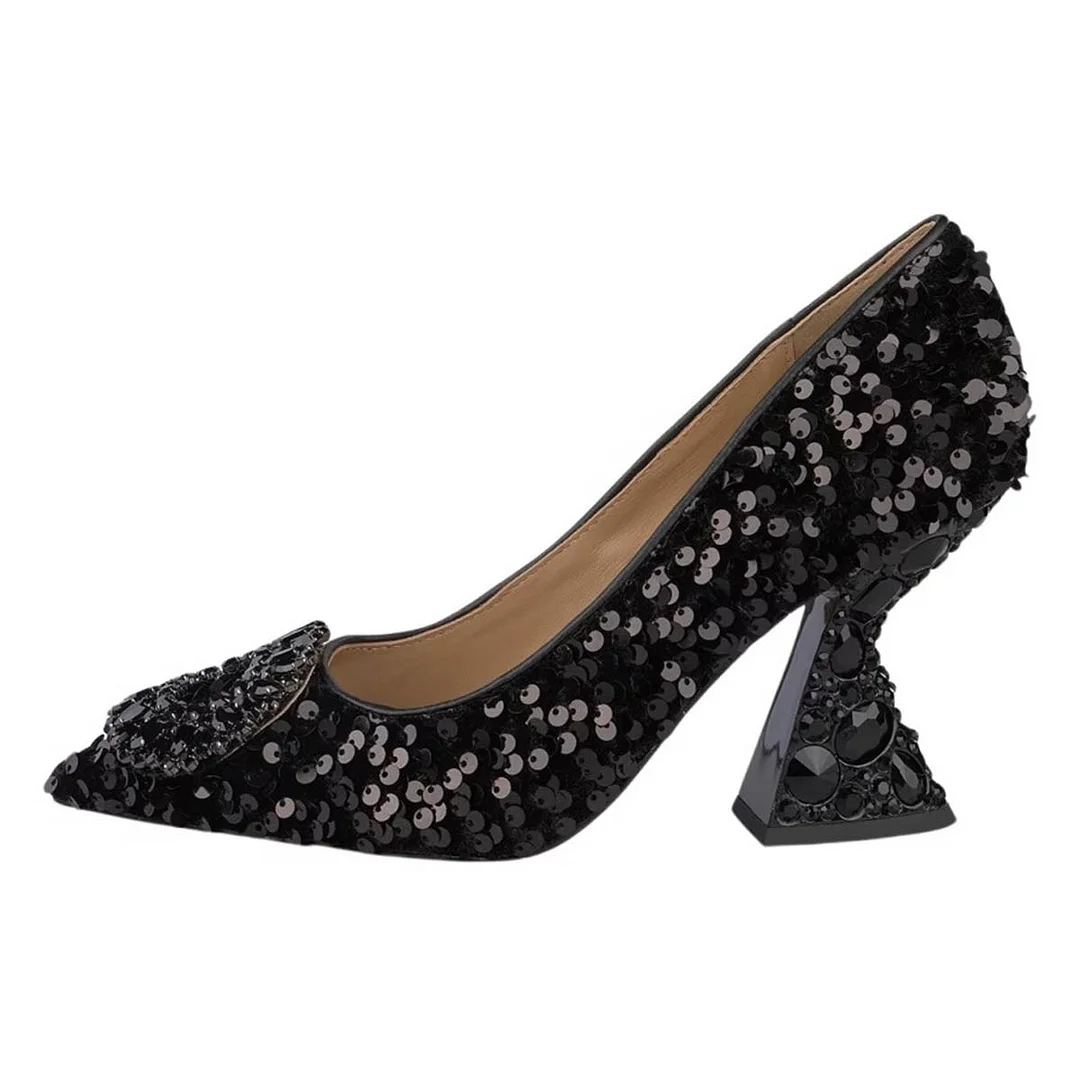 Black Sparkling Sequined Pointed Toe Rhinestone Embellished Pumps