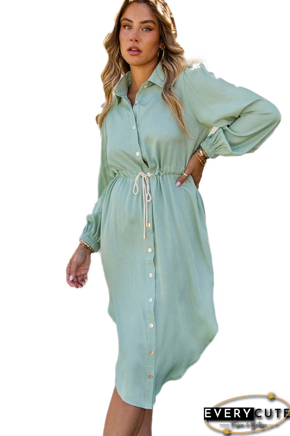 Green Solid Button Front Drawstring Shirt Dress
