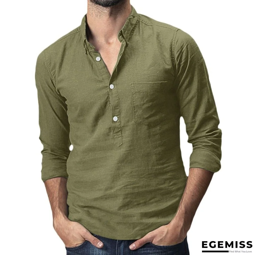 Men's Baggy Cotton Linen Solid Multi-Pocket Short Sleeve Turn-down Collar Shirts Linen | EGEMISS