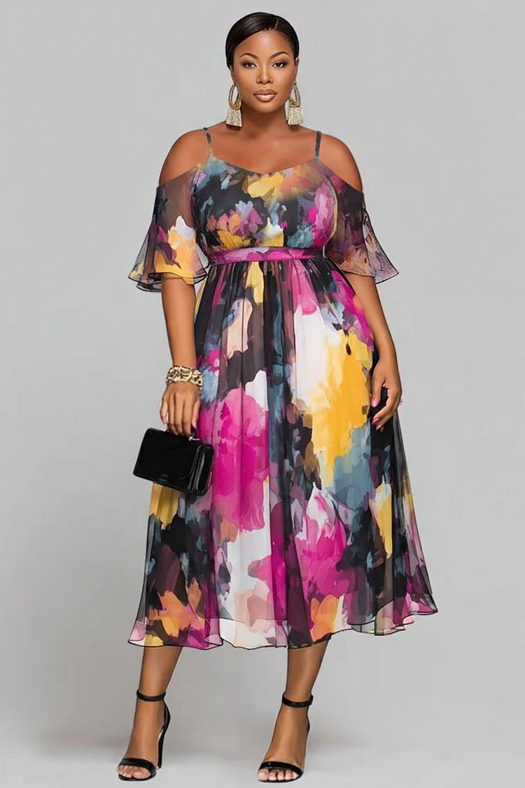 Xpluswear Design Plus Size Wedding Guest Multicolor Floral V Neck Cold Shoulder Short Sleeve Chiffon Midi Dresses 2024 - Xpluswear
