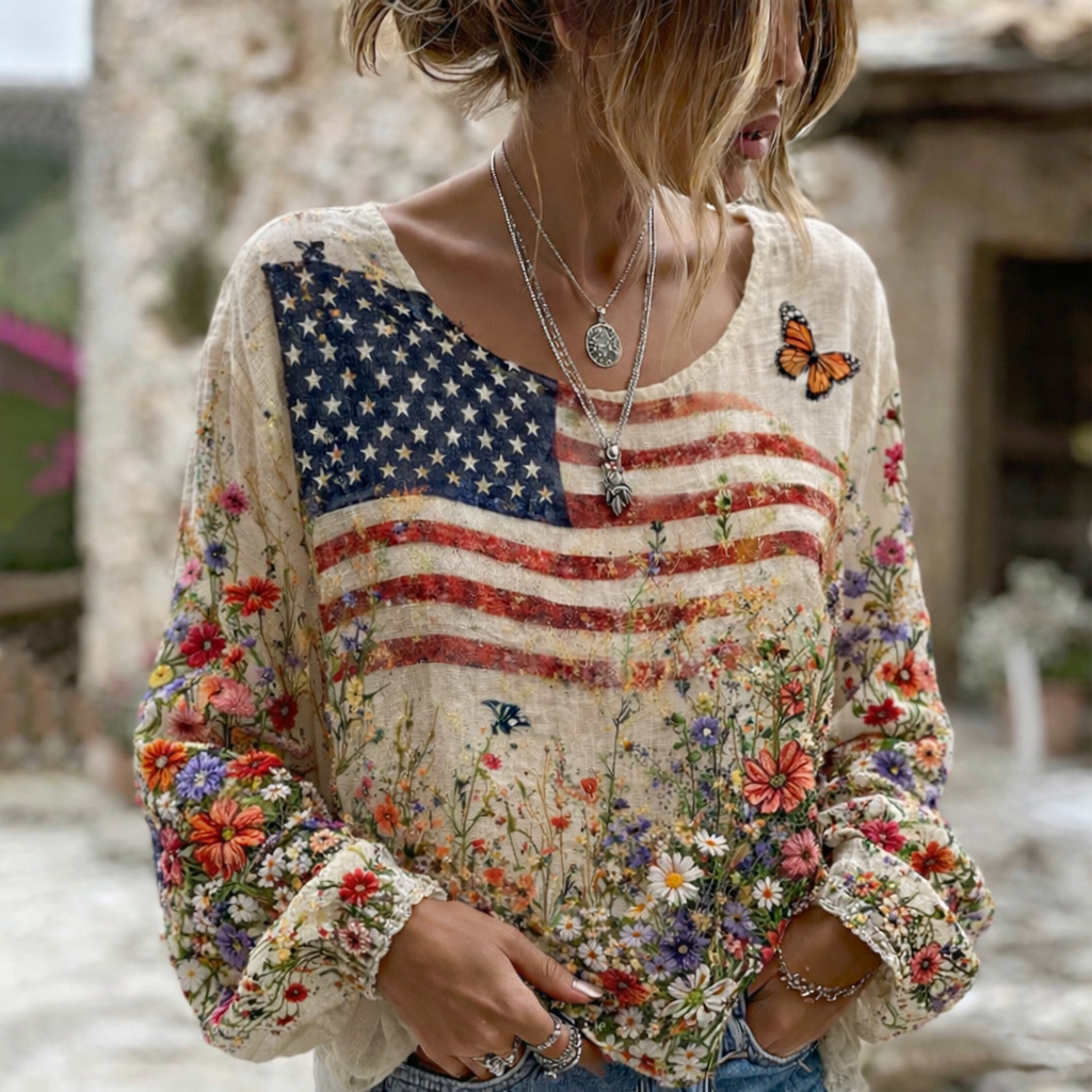  Women's Independent Flag Floral Print Crew Neck Linen Blend T-shirt Westsshops