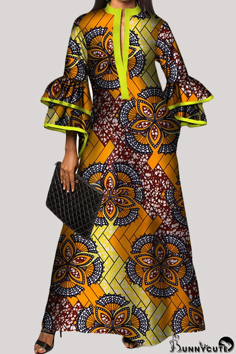 Orange Yellow Fashion Casual Print Split Joint V Neck Long Sleeve Dresses