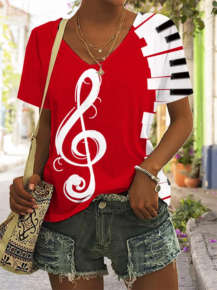 Piano Keys & Treble Clef V Neck T Shirt
