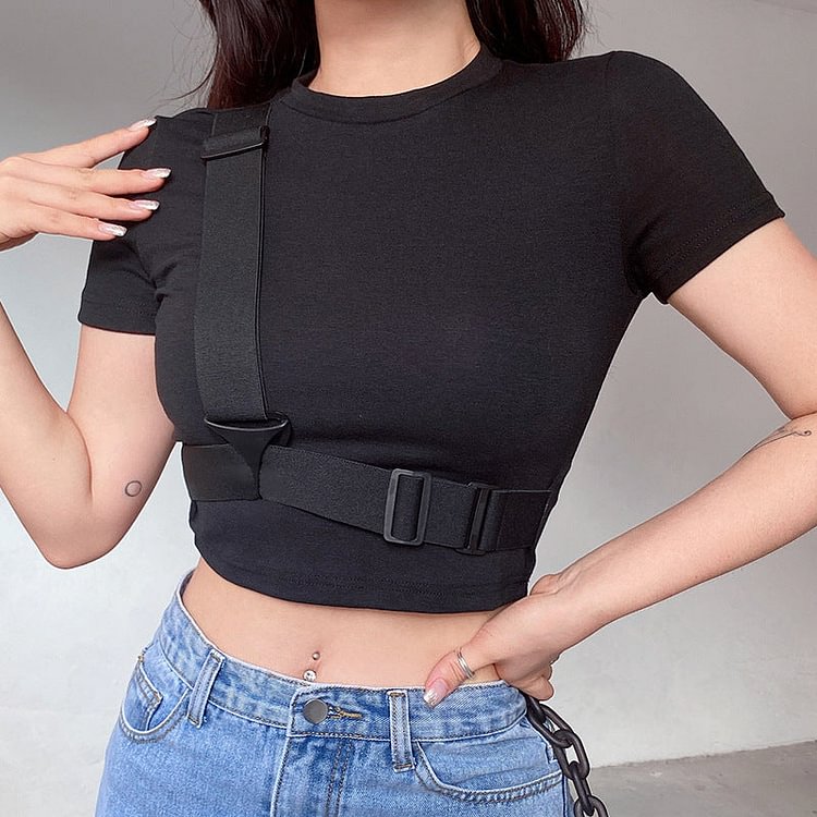 Triangle Button Belt Short Sleeve Top