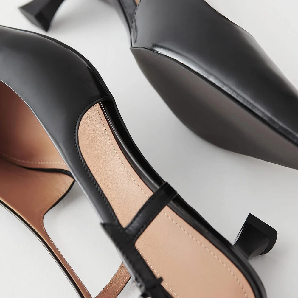 Black Patent Leather Buckle Pointed Toe Slingback Kitten Heel Pumps