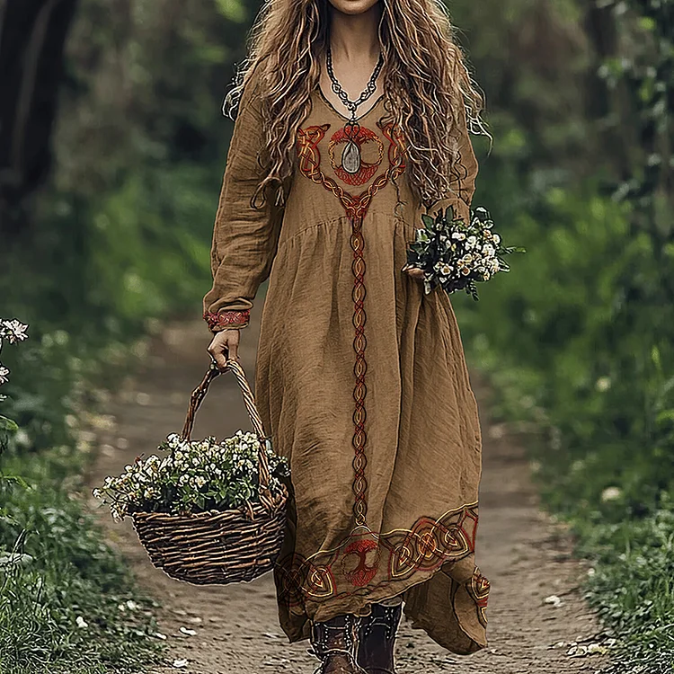 VChics Vintage Celtic Viking Tree Of Life Linen Dress