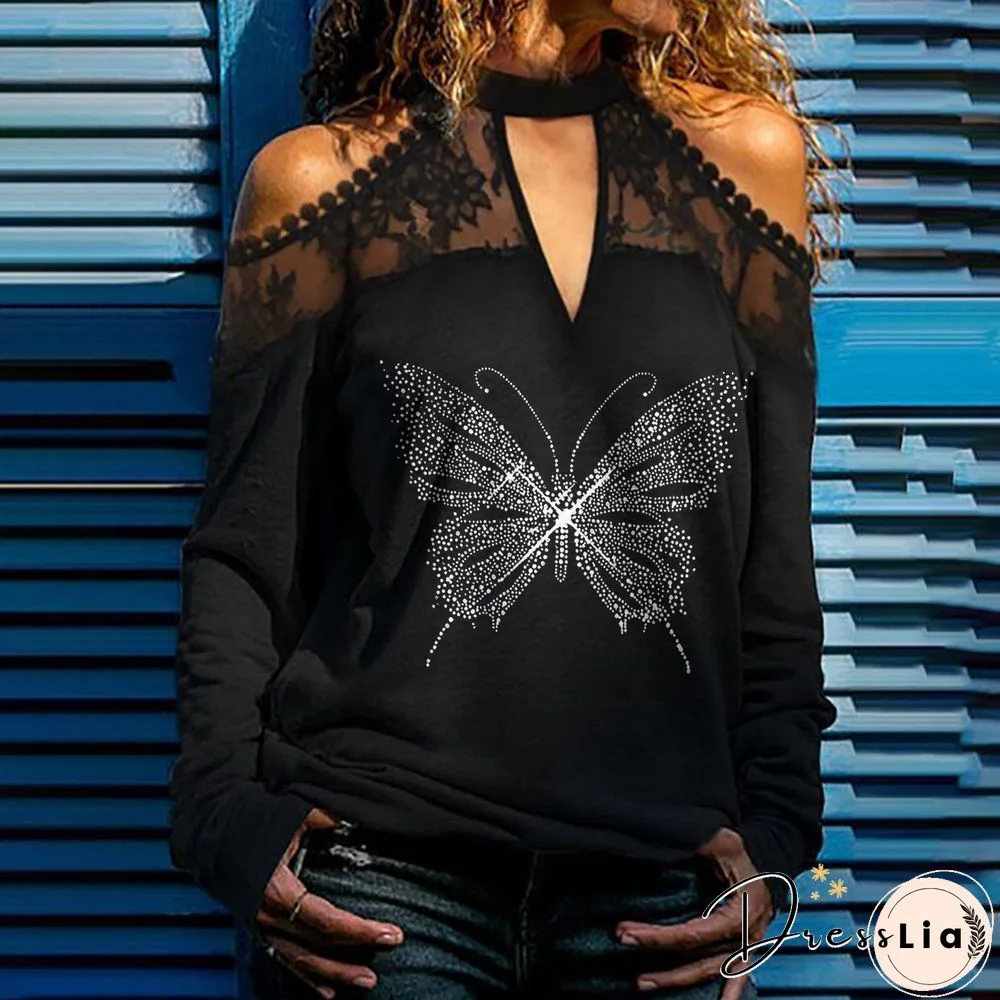 Hollow Shoulder Rhinestone Black Top