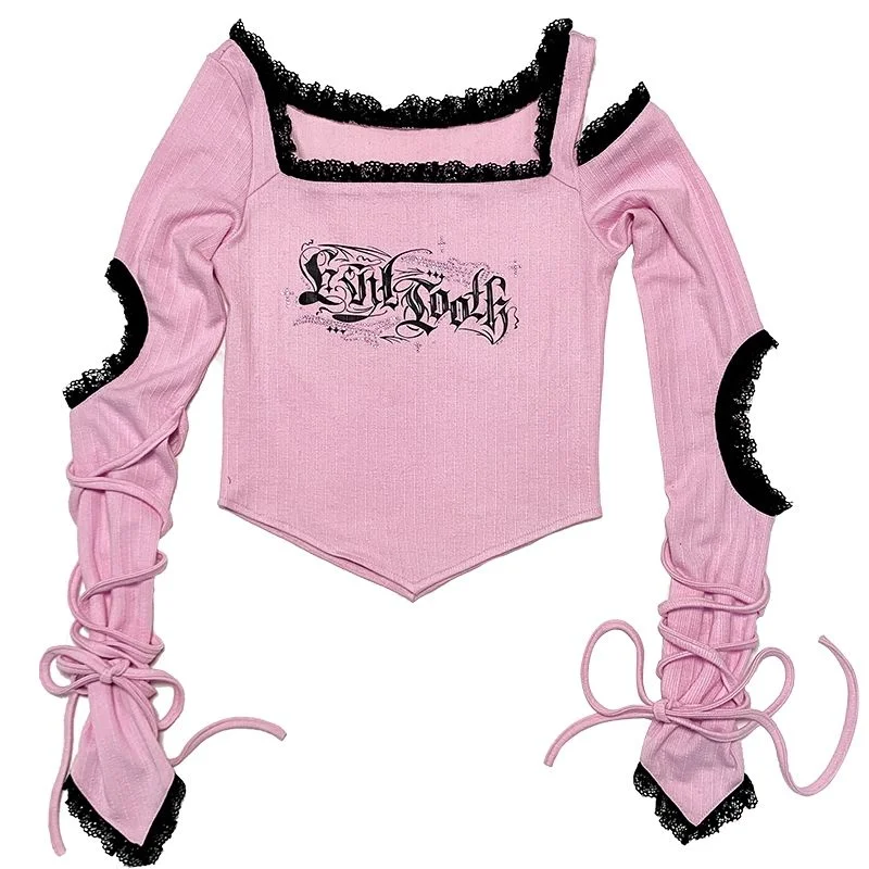 Jangj E Girls Kawaii Pink Letter Print T Shirt Alt Grunge Hollow Goblincore Lace Irregular Lace-Up Tshirt Fairy Gothic Punk Crop Tops