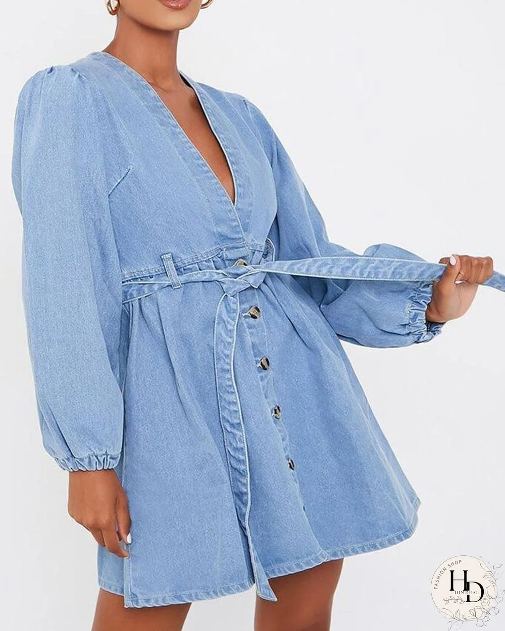 Solid Bloomer Sleeve Lace-up Waist Denim Dresses P14917