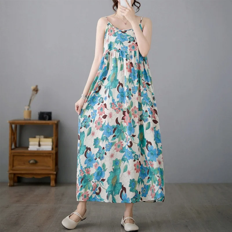 Uveng Uveng Summer New Literary And Art Large Print Cotton Dress Women's National Style Sleeveless Slings Long Skirt