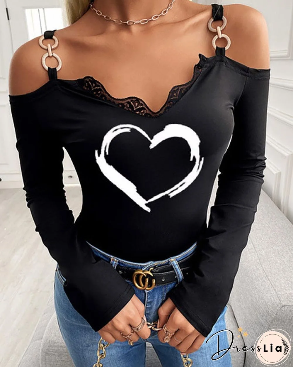 Off Shoulder Long Sleeve Heart Top