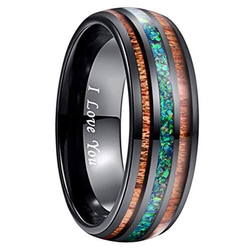 Women's Or Men's Tungsten Carbide Wedding Band Matching Rings,Black Tone Wood and Sea Green Opal Inlay Ring,I Love You Text With Mens And Womens Ring For Width 4MM 6MM 8MM 10MM