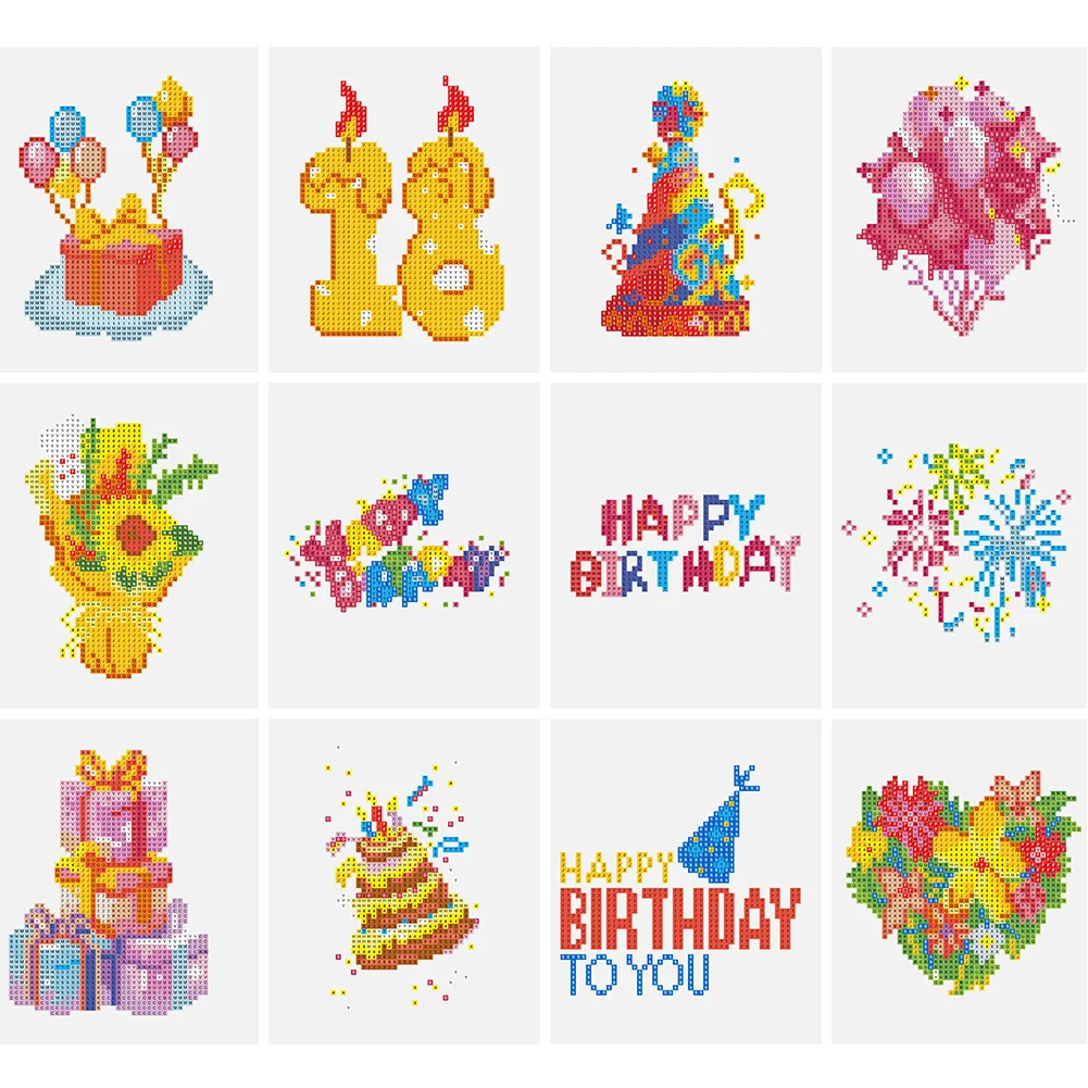 12pcs Birthday DIY Mini Round Diamond Painting Set Table Decor No Frame 15x18cm