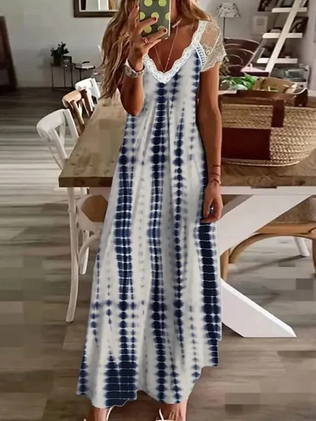 Women's Long Dress Maxi Dress Casual Dress Summer Dress Polka Dot Dress Polka Dot Striped Fashion Casual Outdoor Daily Going out Lace Print Short Sleeve V Neck Dress Loose Fit Black White Red Spring | IFYHOME