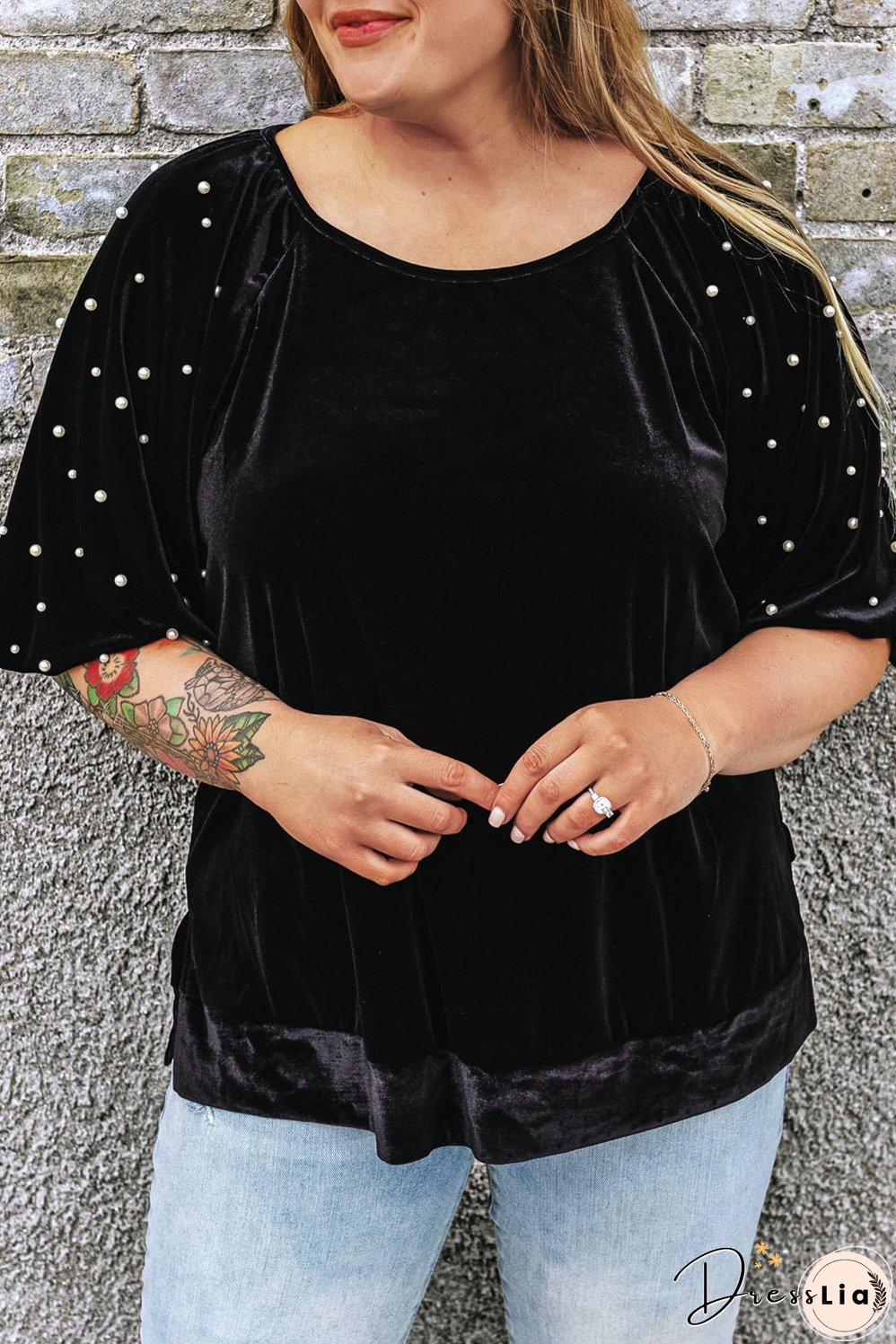 Black Pearl Embellished Puff Sleeve Velvet Plus Size Top