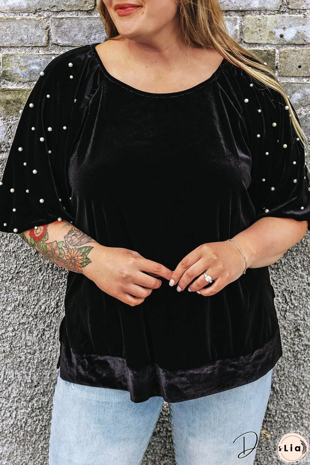 Black Pearl Embellished Puff Sleeve Velvet Plus Size Top