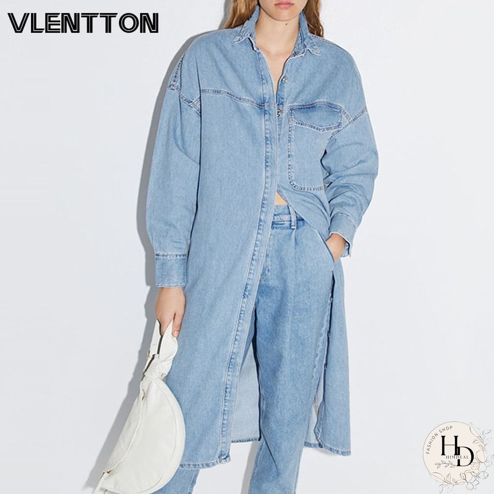 Spring-Autumn Womens Vintage Blue Long Denim Jackets Solid Pocket Jeans Coat Female