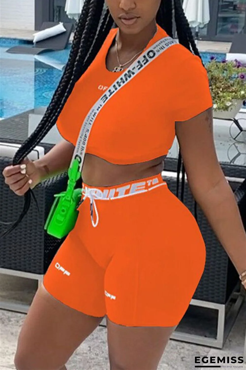 Orange Fashion Casual Short Sleeve O Neck Regular Sleeve Short Solid Two Pieces | EGEMISS