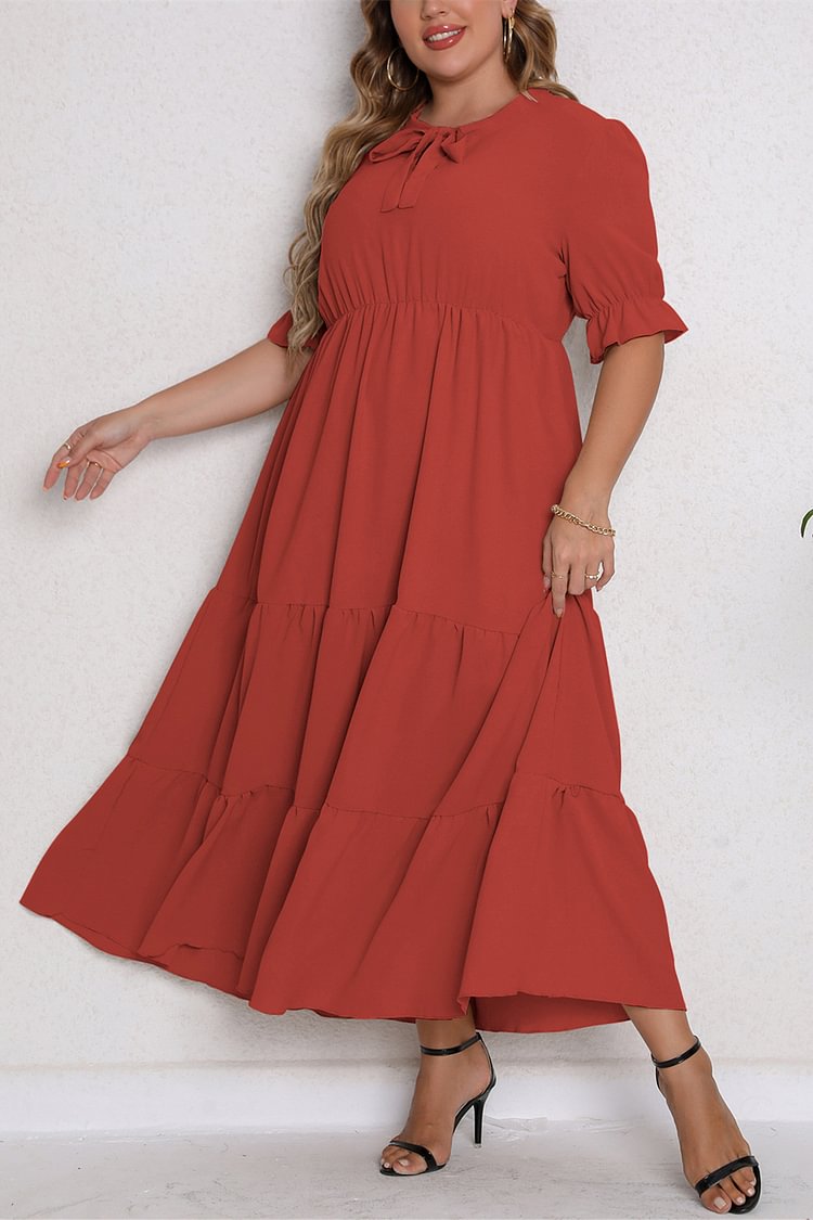 Plus Size Casual Red Round Neck Lace Up Puff Sleeve Layer Hem Maxi Dress  flycurvy [product_label]