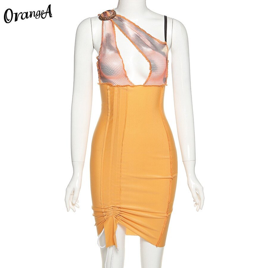 OrangeA women mesh patchwork asymmetrical sexy club stacked dress bodycon drawstring bandage fashion hollow out skinny clubwear